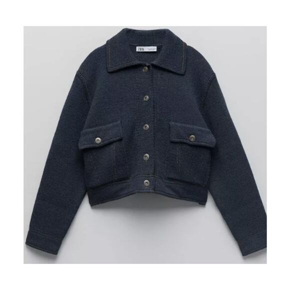 Zara Cropped Knit Chore Jacket Blue Gold Stitching Like Denim Fall Cosy ~ Size L - Picture 9 of 10